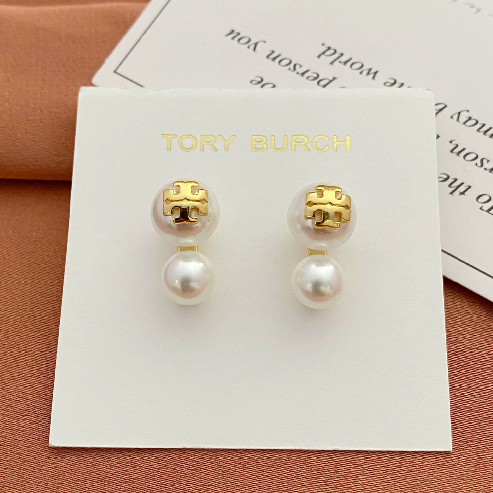 Tory Burch Inlaid Letter Faux Pearl Stud Earrings